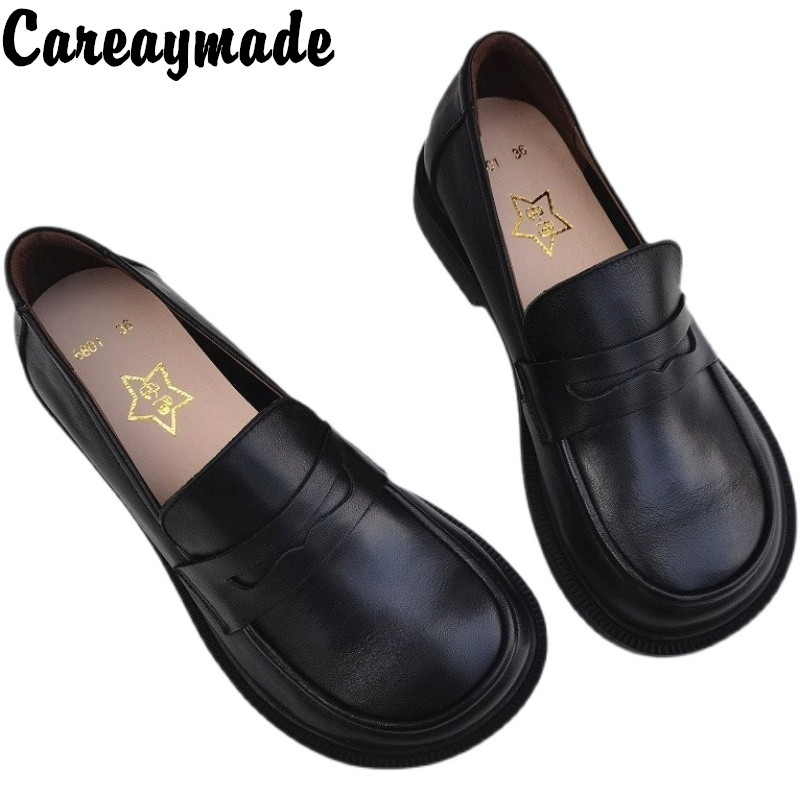 Leather Work - Careaymade-여성용 캐주얼 신발, 슬립온 옥스포드 신발,